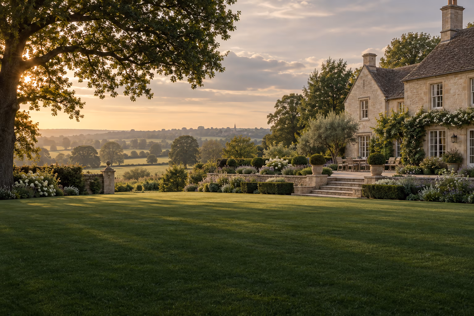 English country garden at golden hour