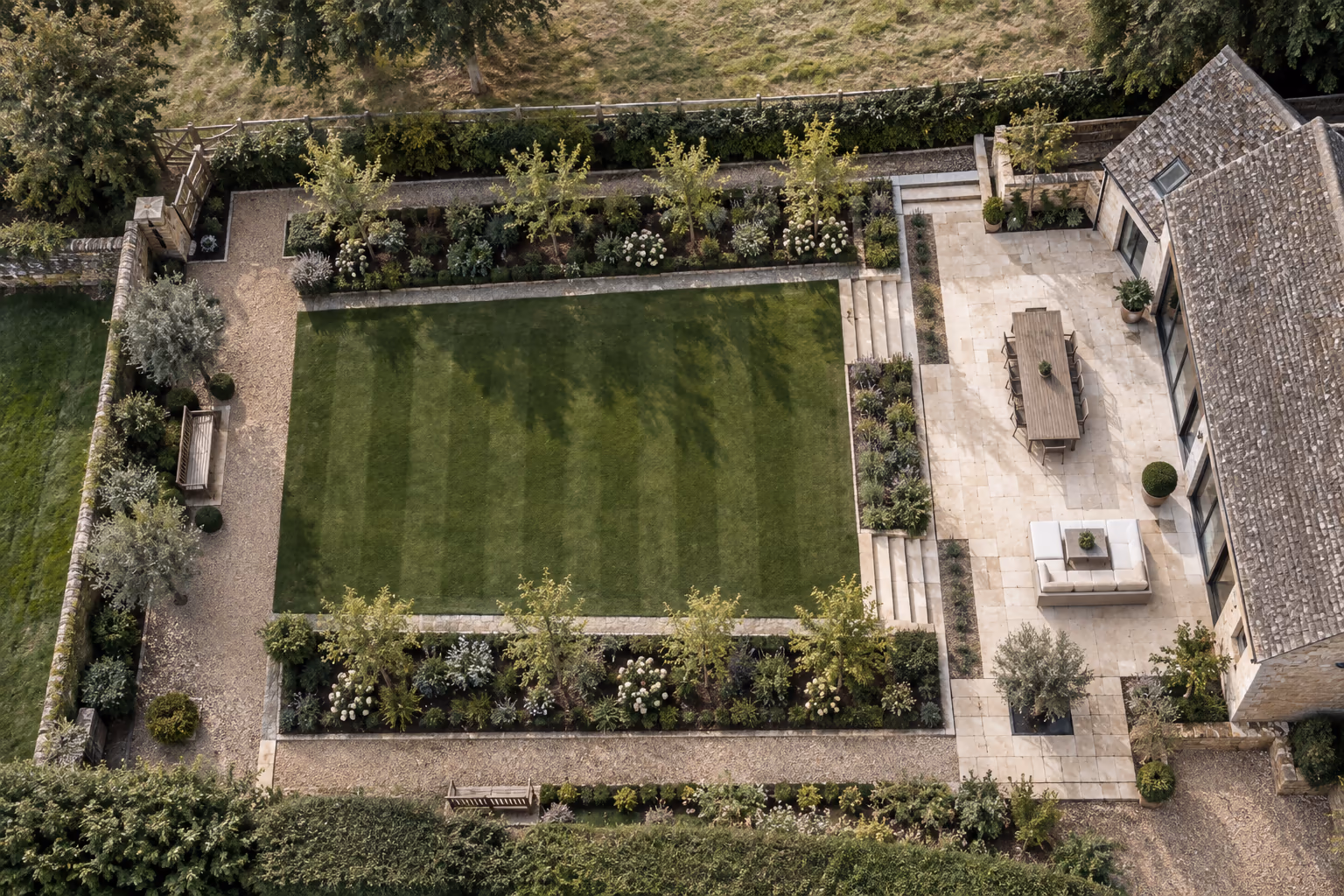 Aerial view of a landscaped garden