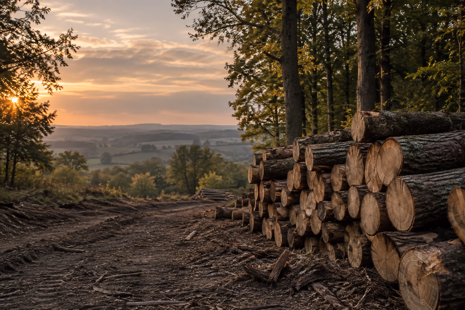 Stacked timber at the edge of a woodland