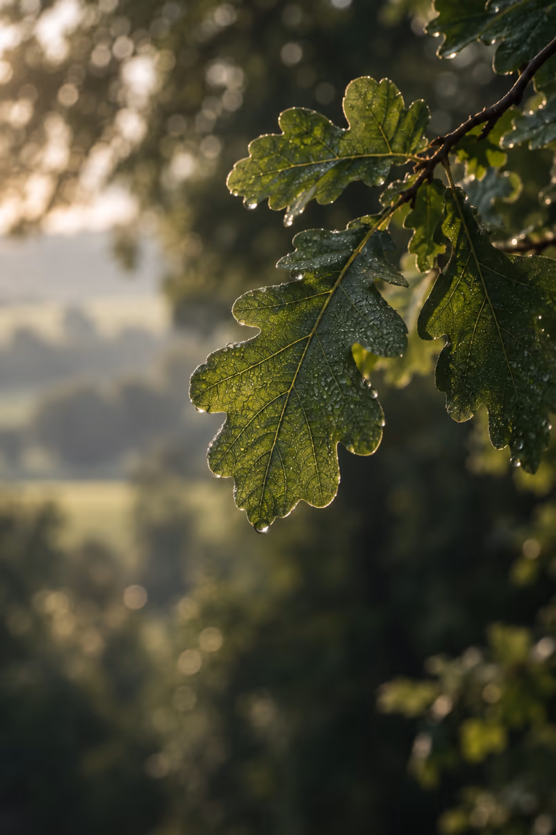 Fresh oak leaves with morning dew